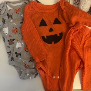 Baby Pumpkin Jack-O'-Lantern Orange Waffle Romper + halloween dogs Bodysuit